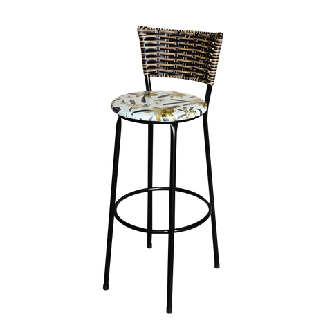 Banqueta Alta Para Cozinha Ratan Cappuccino Preta Estofado Floral  Floral 