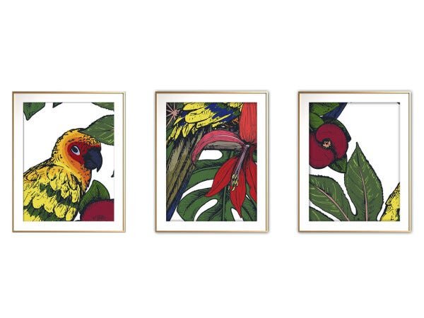 Quadro mdf délicat dourado 45x96 folhas tropicais mod 23 - 1