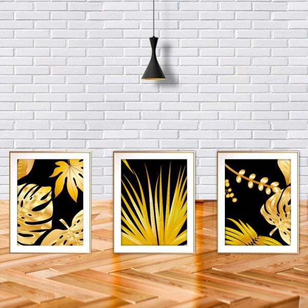 Quadro mdf délicat dourado 30x66 folhas tropicais mod 198 - 2