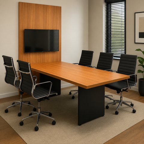 Mesa Reunião para Escritório 1,80m c/ Painel de TV F5 Office Cor:Freijó com Preto