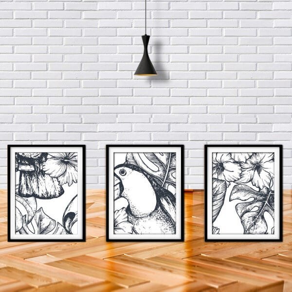 Quadro decor délicat preto 80x140 folhas tropicais mod 27 - 2