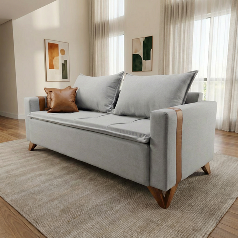 Sofá 2 Lugares Espanha Base Madeira Tecido Linho Cinza Claro Living 1,40m
