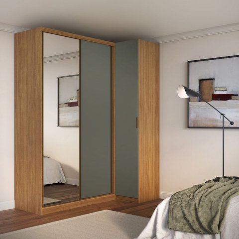 Guarda Roupa de Canto Porta de Correr com Espelho 3 Portas Mdf Altezza Clean Belmax:freijó/titânio