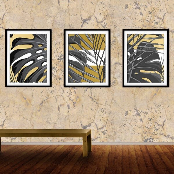 Quadro decor délicat preto 68x126 folhas tropicais mod 19 - 2