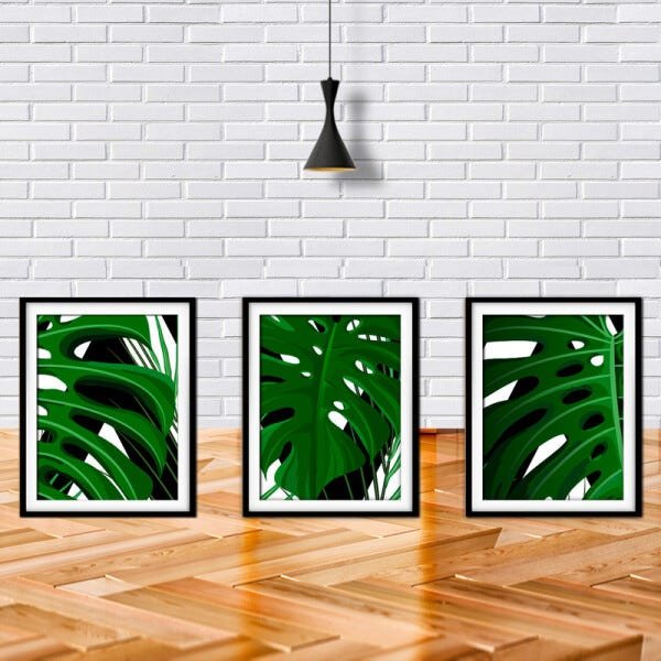 Quadro decor délicat preto 68x126 folhas tropicais mod 21 - 2