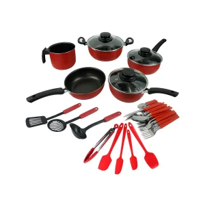 Kit Espátulas de Cozinha Silicone 5 Peças + Conjunto de Panelas Antiaderente Elegan C/ Tampa de Vidr