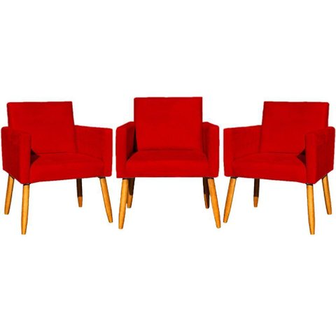 Kit 3 Poltronas para Recepção Nina Suede Cores Pé Palito 30cm Castanho - Suede