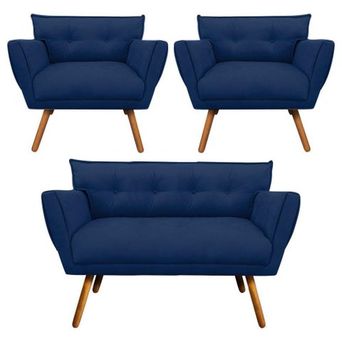 Kit 1 Namoradeira e 2 Poltronas Anitta Suede Azul Marinho