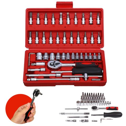 Jogo 46 Ferramentas Embralumi Chaves Soquetes Catraca Bits CRV 1/4