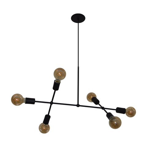 Lustre Pendente com 6 Braços (hastes) - Ideal para Mesa de Jantar Retangular Cor Preto