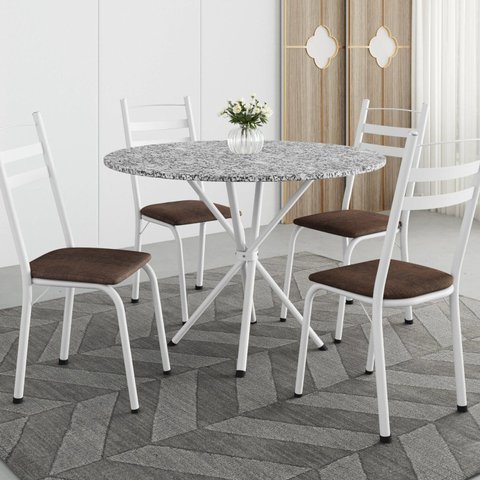 Conjunto Sala de Jantar Mesa Redonda 80cm Tampo Granito com 4 Cadeiras Milla Branco/Imbuia/Ocre