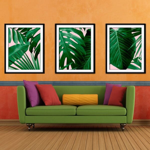 Quadro decor délicat preto 45x96 folhas tropicais mod 99 - 2