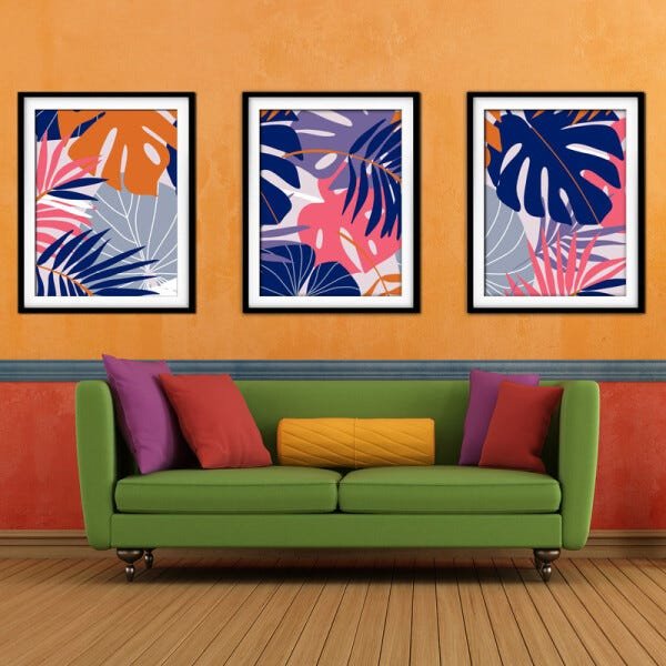 Quadro decor délicat preto 45x96 folhas tropicais mod 79 - 2