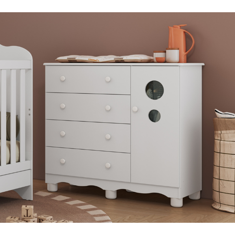 Cômoda Infantil Bolinha Peroba MDF Branco 1 Porta 4 Gavetas