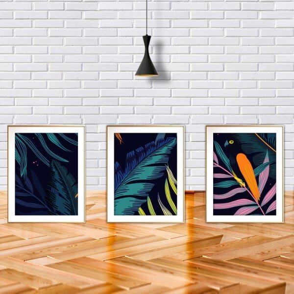 Quadro mdf délicat dourado 45x96 folhas tropicais mod 64 - 2