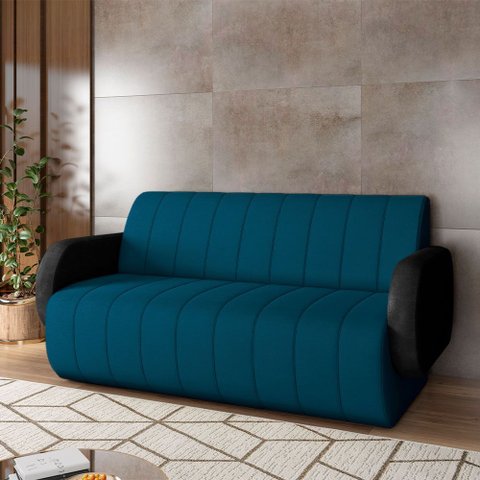Sofá Decorativo Living Sala de Estar Bornéu 148cm Pés de Madeira Pu/veludo Preto/azul G33 - Gran Bel