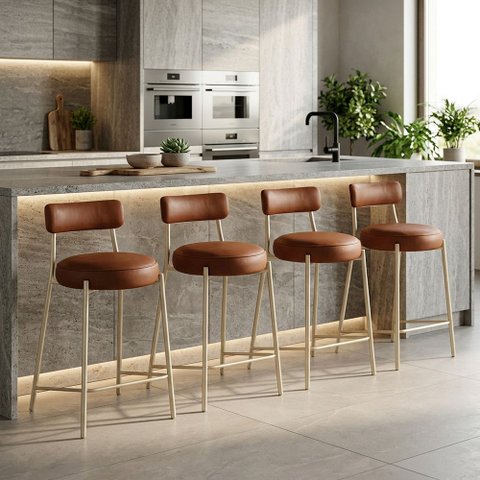 Banqueta Cozinha Média com Encosto Industrial Champanhe Kit 4 Londres PU Nozes D03 - D'Rossi
