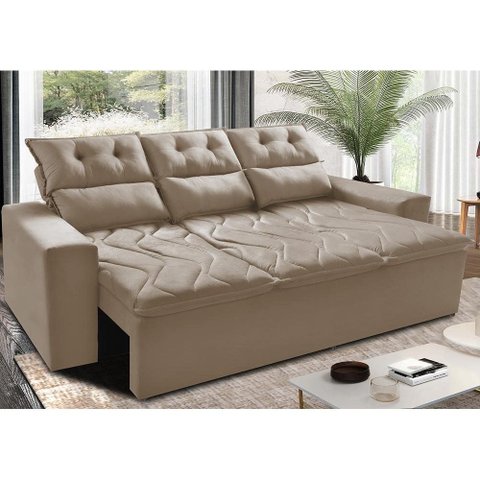 Sofá 3 Lugares Retrátil e Reclinável 2.00m Cama Inbox Smal com Bordado Pantográfico Suede Bege