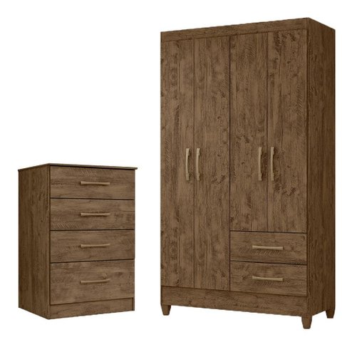 Kit Guarda Roupa Solteiro Chile e Cômoda MS - Castanho Wood