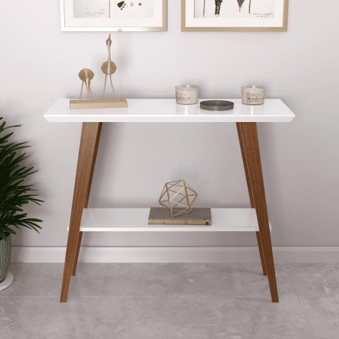 Aparador Caio 90x30 Tampo Mdf 30mm Pé em Madeira Branco/amadeirado