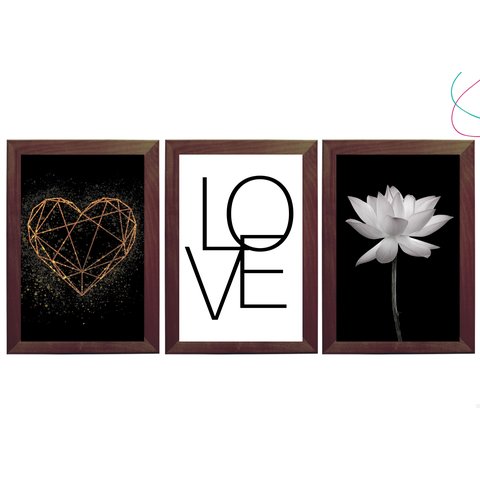 3 Quadros Decorativos - Coração Dourado, Love, Flor de Lótus:tabaco