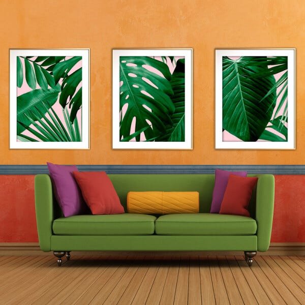 Quadro mdf délicat dourado 30x66 folhas tropicais mod 96 - 2
