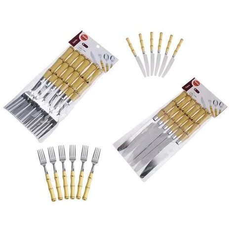 Jogo de Garfo e Faca Inox Cabo Plástico Estilo Bambu 12 Pç