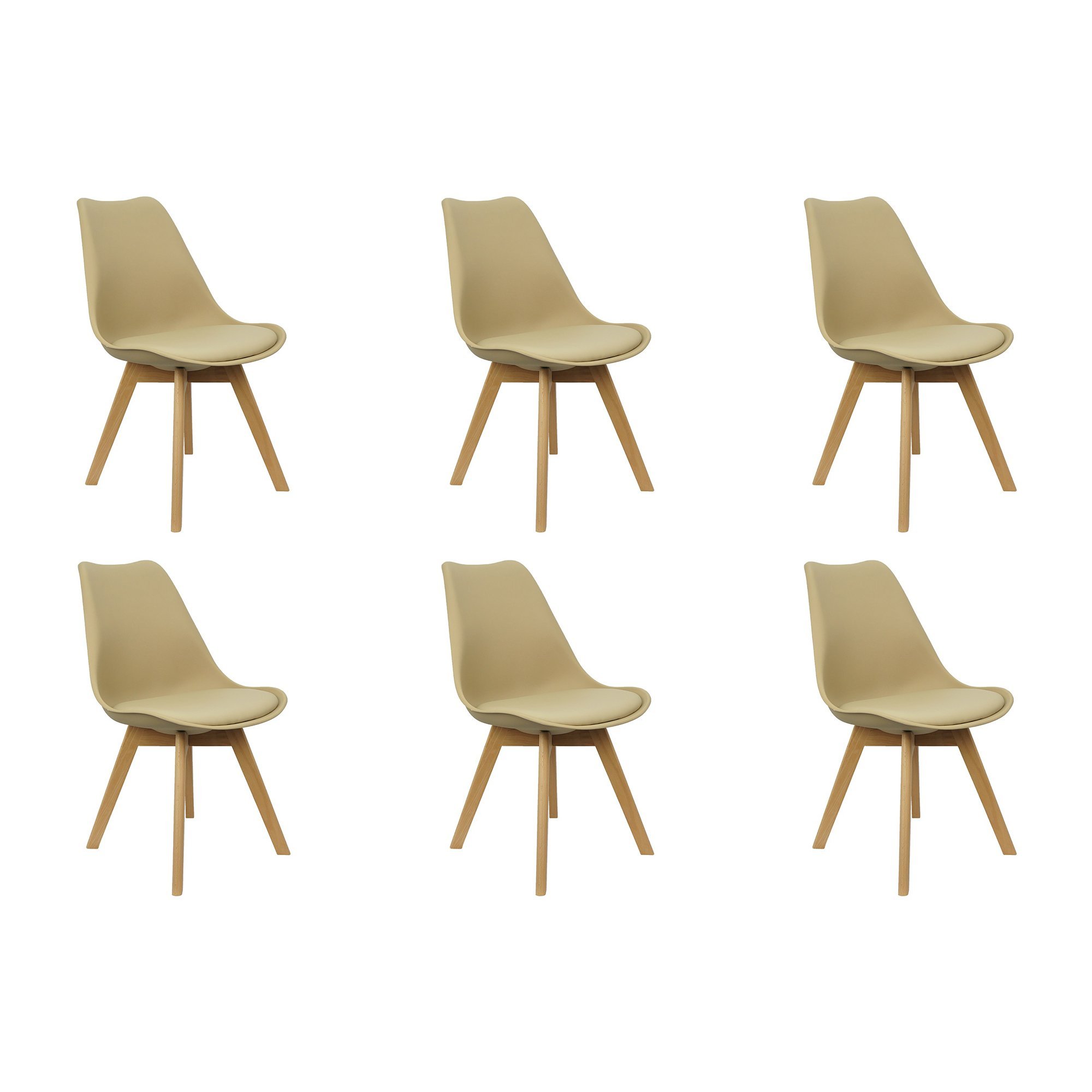 Kit 6 Cadeiras Charles Eames Leda Luisa Saarinen Design Wood Estofada Base Madeira - Bege