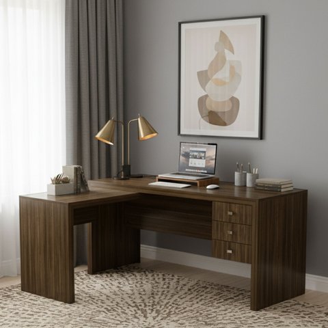 Escrivaninha Mesa Escritório em L com ME4106 3 Gavetas 154,8cm Marrom