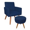 Ver imagem 1 de Kit Poltrona e Puff Banqueta Redonda Nina Veludo Azul Marinho Pés Palito Castanho Castanho
