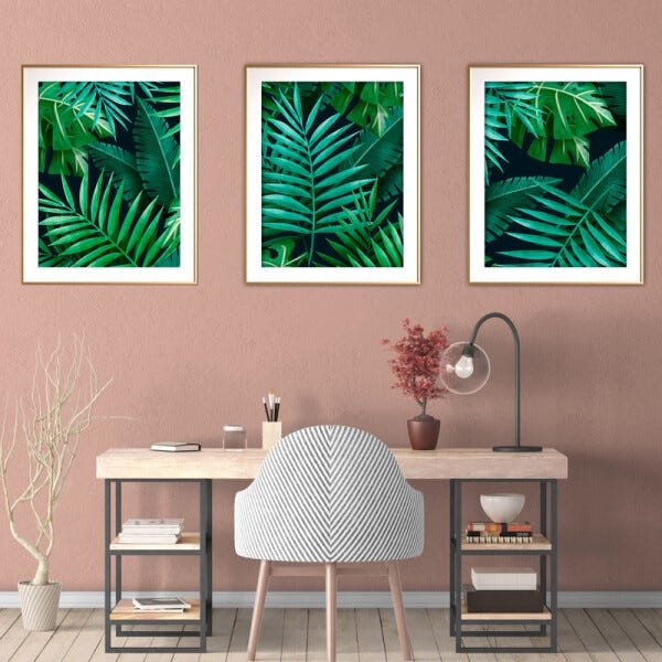 Quadro mdf délicat dourado 55x110 folhas tropicais mod 113 - 2