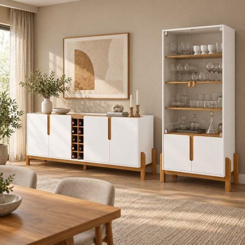 Conjunto Buffet + Cristaleira Lizz 190cm Branco Casa D Móveis