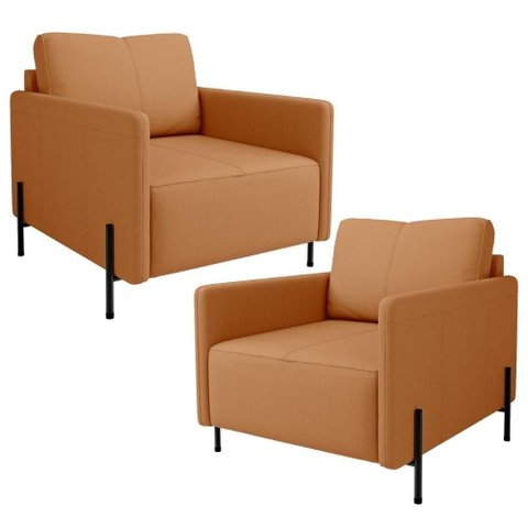 Kit 2 Poltronas Decorativa para Sala Living Pés Industrial Domani L06 Couro Caramelo - Lyam Decor