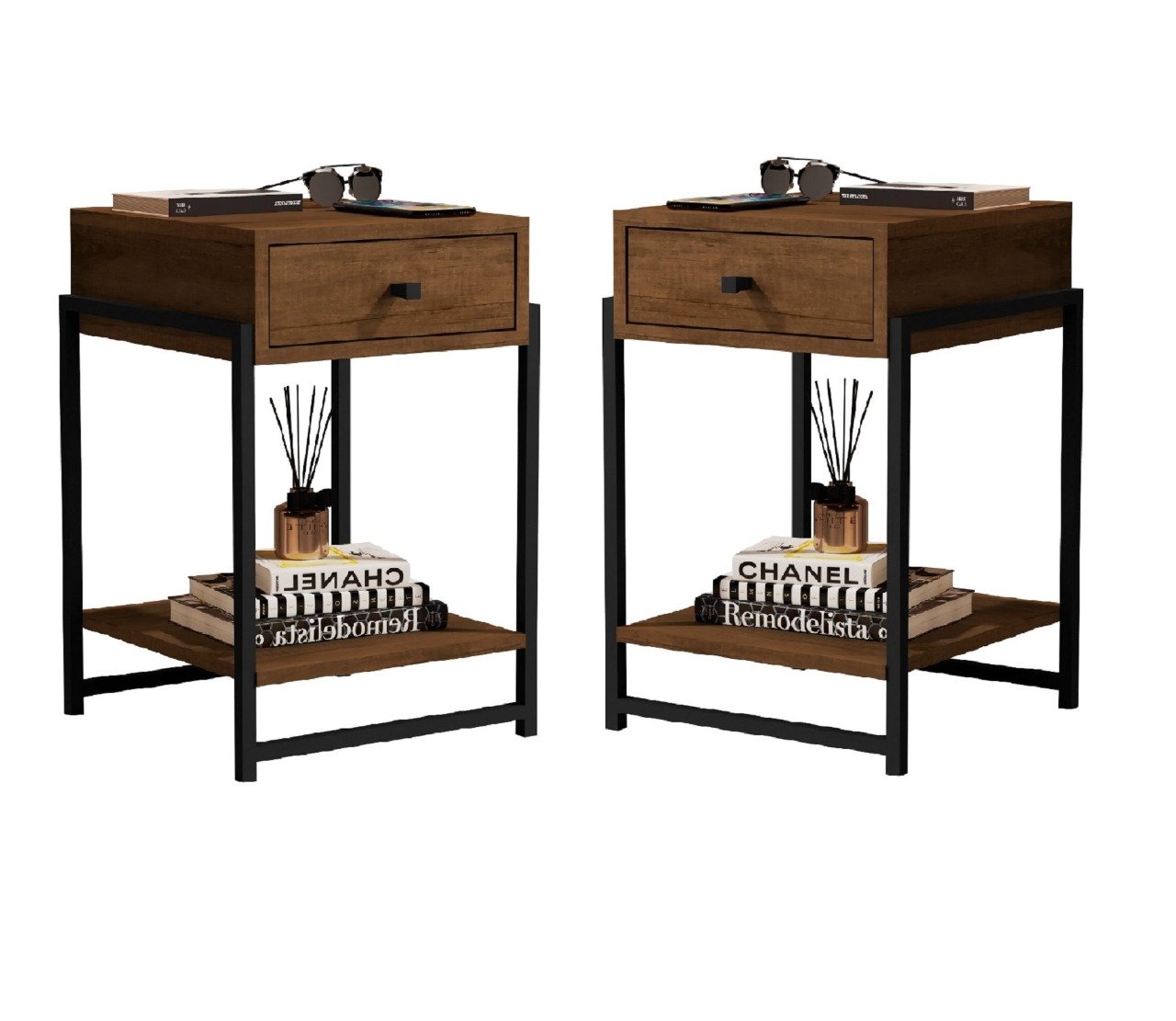 Menor preço em Kit Mesas Cabeceiras Lateral Cama Quarto Estilo Industrial - Canela