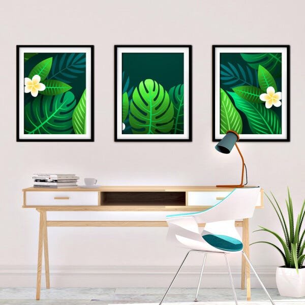 Quadro decor délicat preto 68x126 folhas tropicais mod 77 - 2