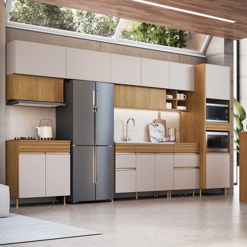 Cozinha Modulada 10 Portas 3 Gavetas Torre Quente e Bancada Organic Marrom/Nature/Sand