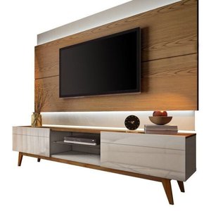 Rack com Painel Classic com 2 Gavetas 220cm com LED Freijó com Off White - Imcal Móveis