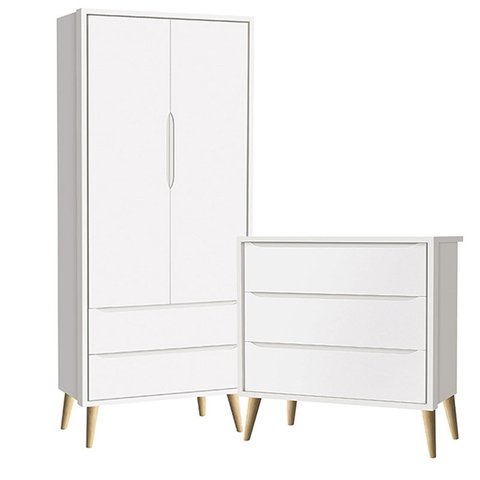 Guarda Roupa 2 Portas e Cômoda 3 Gav Theo Branco Fosco Pés Madeira Natural - Reller Móveis
