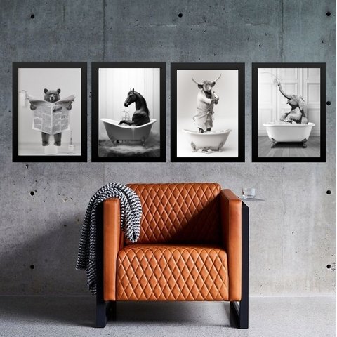 Kit 4 Quadros Banheiro Animais Diversos 33x24cm - com Vidro:madeira Preta