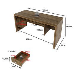 Mesa para Escritório 155cm com 3 Gavetas Reversível ME4113 - 8