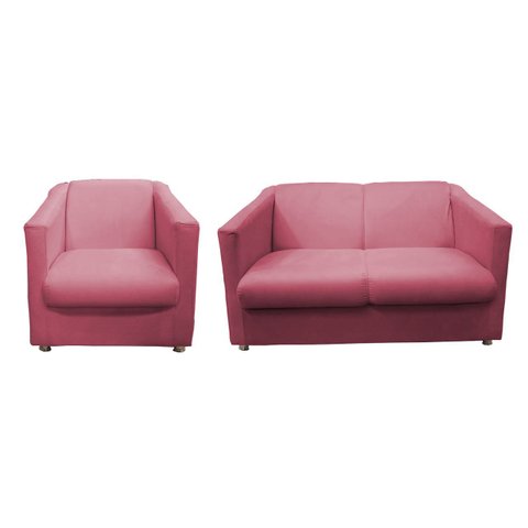 Kit Namoradeira + 1 Poltrona Decorativa Biane Suede Rosa Pés Cromado Ms Decor