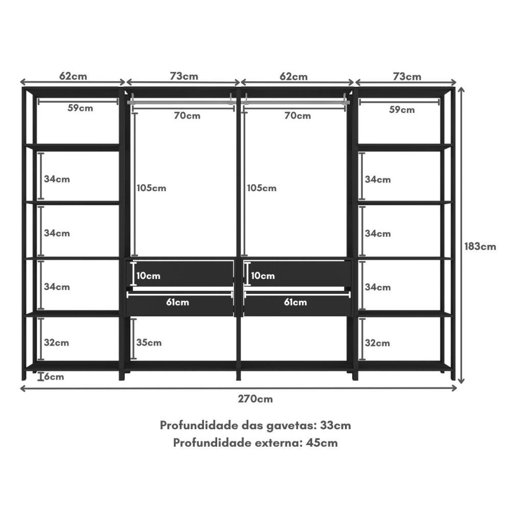 Guarda-Roupas Closet Modulado 270cm 4 Peças com 4 Gavetas e Cabideiros Multimóveis MP4321  - 6