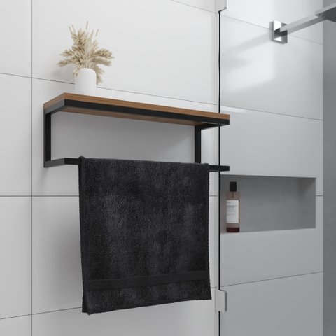 Toalheiro para Banheiro Estilo Industrial Ita - Preto e Prateleira Imbuia