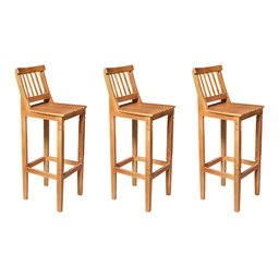 Kit 3 Banquetas Alta de Madeira Maciça Ripada com Encosto Confort - Castanho - 1