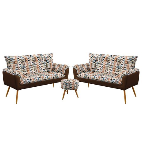 Kit 2 Poltronas Namoradeira Opala com Puff Solar Suede Estampado Laranja com Marrom Aradecor