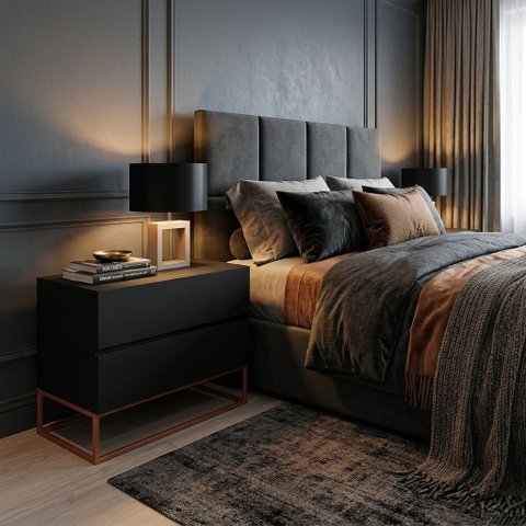 Mesa de Cabeceira Eros com 2 Gavetas 60cm Estilo Industrial MDF Preto Pés  de Ferro Cobre