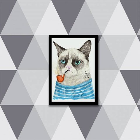 Quadro Gato Marinheiro 45x34cm - com vidro:Madeira preta