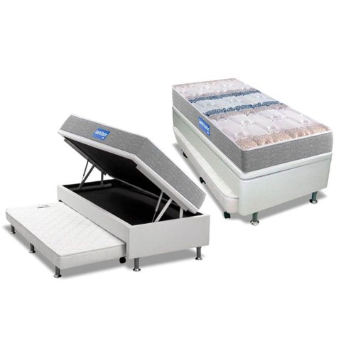 Cama Box Baú c/Auxiliar Solteiro: Colchão Espuma Probel D45 Guarda Costas + Base CRC Courano White