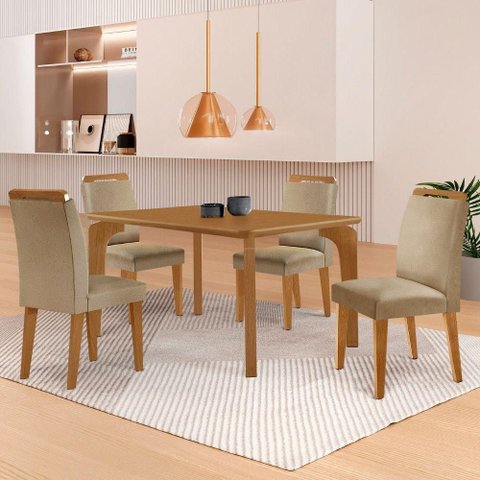 Mesa Liz 120 MDF Canto Copo e com 4 Cadeiras Athenas Turim 07/Naturalle/Naturalle