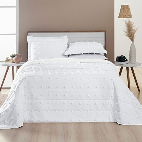 Kit Cobre Leito Colcha Alexa Pompom Casal Padrão Dupla Face Micropercal 3 Peças - Branco